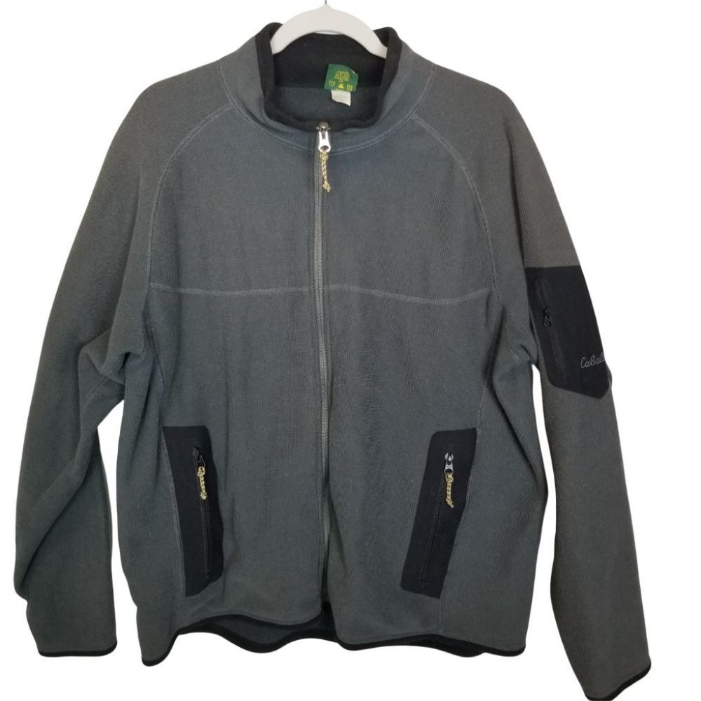 Cabela's Mens L Gray Full Zip Sweater Jacket Fleece Lined High Neck Zip Pockets